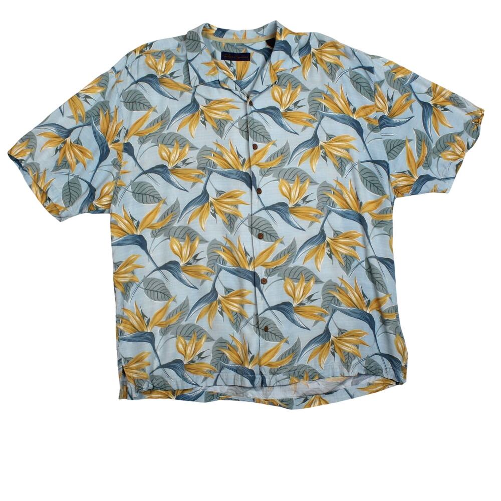 Reyn Spooner Hawaiian Shirt Men XXL Blue Yellow Bird Paradise Rayon Aloha Resort